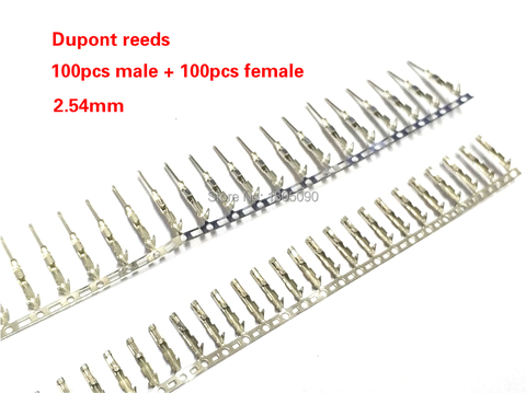 100pcs male + 100pcs Female 2.54mm Dupont reed Dupont Jumper Wire 2.54 Dupont languette Connector Terminal Pins Crimp ► Photo 1/1