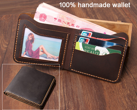 Handmade Vintage Crazy Horse Leather men Wallet Men Purse Genuine Leather Wallet male purse short style money holder clutch bag ► Photo 1/6