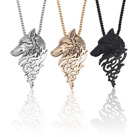 Punk Vintage Wolf Pendant Necklace Women Men Gold corlour Black Metal Wolf Head Necklaces Pendants Animal Jewelry Drop Shipping ► Photo 1/6