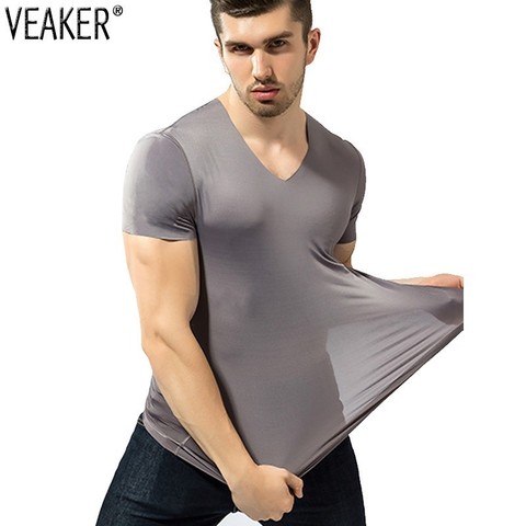 2022 New Men's Sexy Ice Silk T Shirts Solid Color Male Mesh Transparent V-neck Short Sleeves t shirt Tops Plus Size L-4XL ► Photo 1/6