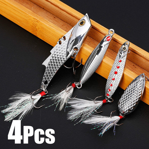 Sougayilang 4Pcs Metal Silver Fishing Lures Blade Baits Spoon Hard Lure with Feather Two Treble Hooks ► Photo 1/5