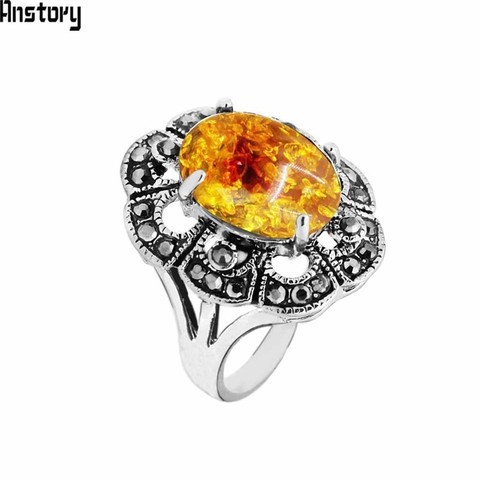 Oval Simulated Ambers Rings For Women Antique Silver Plated Rhinestone Plum Flower Resin Vintage  Jewelry TR707 ► Photo 1/5
