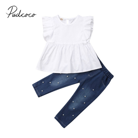 2022 Brand New Toddler Kid Baby Girl Summer Casual 2PCS Sets Ruffles Sleeve White T-Shirts Tops+Beadings Pearl Denim Pants 2-7Y ► Photo 1/6