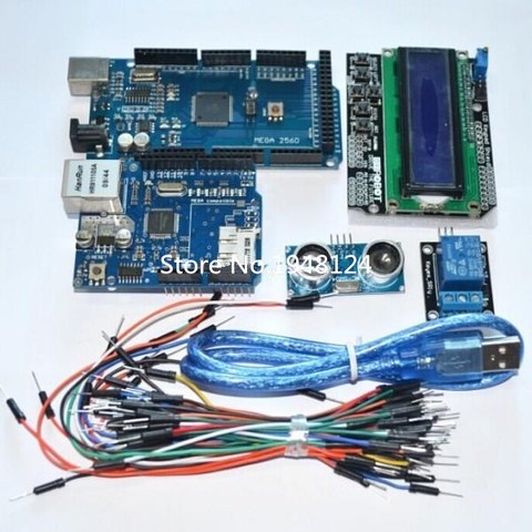 Suq  Mega 2560 r3 for arduino kit + HC-SR04 +breadboard cable + relay module+ W5100 UNO shield + LCD 1602 Keypad shield ► Photo 1/1