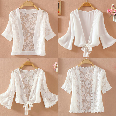 Summer Thin Lace White Shirt Women's Sunscreen Chiffon Blouse Short Sleeve Hollow Out Cardigan Tops Camisas Mujer 2022 ► Photo 1/6
