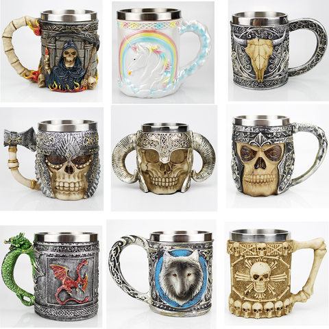 Stainless Steel Skull Mug Viking Skeleton Wolf Knight Gothic Design Coffee Beer Tankard Mugs Christmas Halloween Gift 500ml ► Photo 1/6