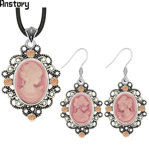 Lady Queen Cameo Necklace Earrings Jewelry Set Retro Craft Crystal Fashion Jewelry TS463 ► Photo 1/6
