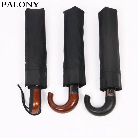 PALONY Brand Leather Curved Handle Men Automatic Business Umbrella Male Windproof Black Big Auto Umbrellas Parasol Rain Paraguas ► Photo 1/6