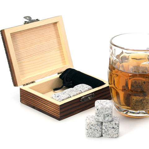 Whiskey Stones Set - 9 Granite Whiskey Rocks / Wooden Box / Velvet Bag / Reusable Cooling Ice Cubes ► Photo 1/6