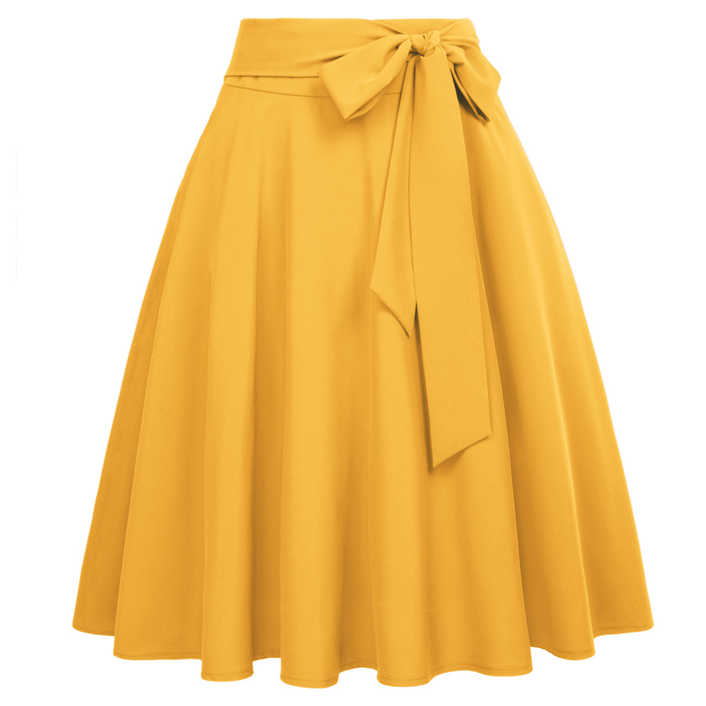 Women Solid Color High Waist skirts Self-Tie Bow-Knot Embellished big swing keen length elegant retro A-Line Skirt faldas mujer ► Photo 1/6