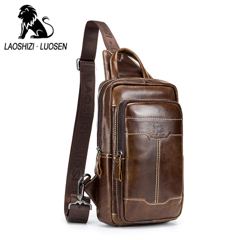 Cheap LAOSHIZI Genuine Leather Man's Chest Bags Crossbody Handbag