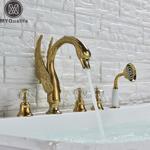 Widespread Swan Bathtub Faucet Golden Tub Mixer Tap Deck Mounted 3 Handle Swan Bath Shower Set with Pull Out Handshower Head ► Photo 1/6