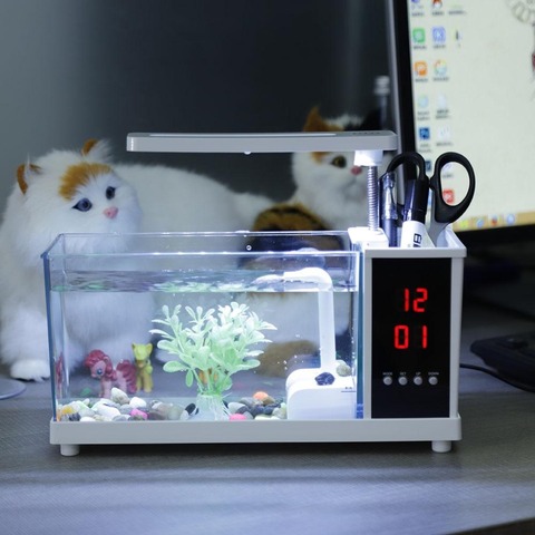 Mini Aquarium Fish USB Aquarium With LED Light LCD Display Screen and Clock Fish Aquarium Fish Tanks Black/ White Table Decor ► Photo 1/6