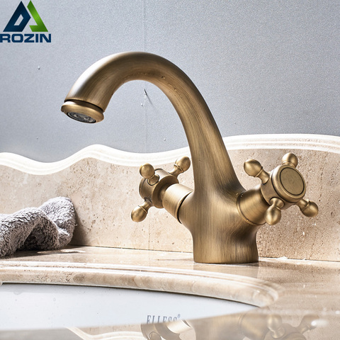 Dual Handle Basin Vessel Sink Taps Deck Mounted Brass Hot and Cold Washing Basin Faucet Antique Brass Bathroom Faucet ► Photo 1/6