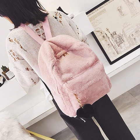 Women Soft Faux Fur Plush Backpack Shoulder Bag Fluffy School Bag with Heart Pendant (Pink) ► Photo 1/6
