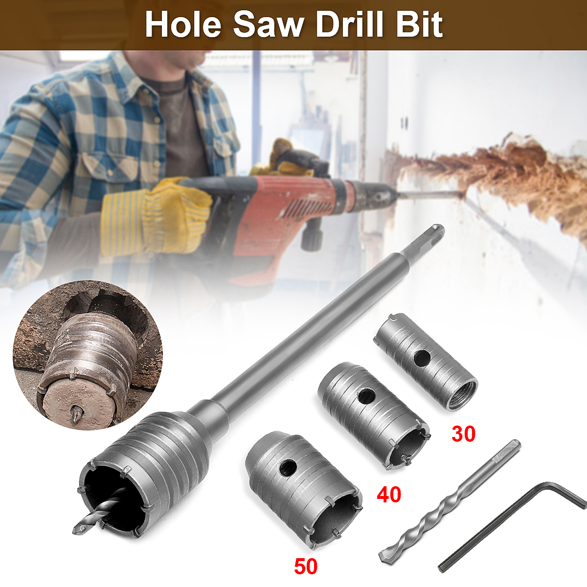 2022 New Arrival 3pcs 30/40/50mm SDS Plus Shank Hole Saw Cutter Concrete Cement Stone Wall Drill Bit with Wrench ► Photo 1/6