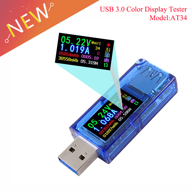 AT34 USB3.0 Color Display Tester Power Bank LCD Multimeter Voltage Current Meter 
