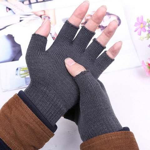 Unisex Winter Warm Knitted Half Finger Gloves Women Men's Solid Black Gray Fingerless Stretchy Elastic Mittens Guantes Mujer ► Photo 1/6