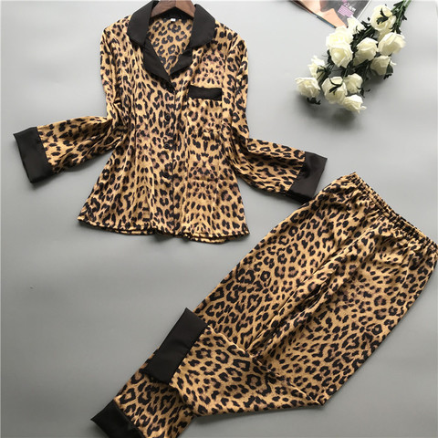 Lisacmvpnel Spring New Long Sleeve Pajamas Woman Ice Silk Fashion Leopard Print Sexy Pajama Set ► Photo 1/4