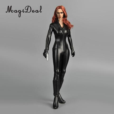 1/6 Scale Female Clothes Black Faux Black Widow Leather Jumpsuit