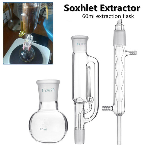 60ml Lab Glass Soxhlet Extractor Condenser Set with 24/29 Flat Bottom Flask 225MM 29/32 Tube Lab Glassware Kit ► Photo 1/6