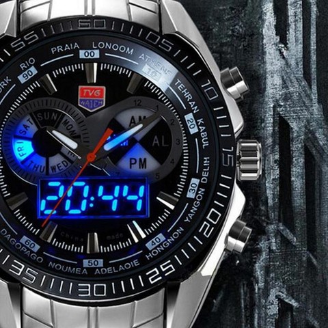Luxury Brand TVG Stainless Steel Watch Men military Blue Binary LED Waterproof Mens sports Digtal Watches gift relogio masculino ► Photo 1/6