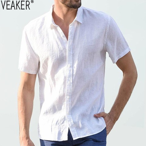 2022 New Men's Casual Cotton linen shirt Male White Short Sleeve Shirts Men Summer Solid Color Shirt Tops M-3XL ► Photo 1/6