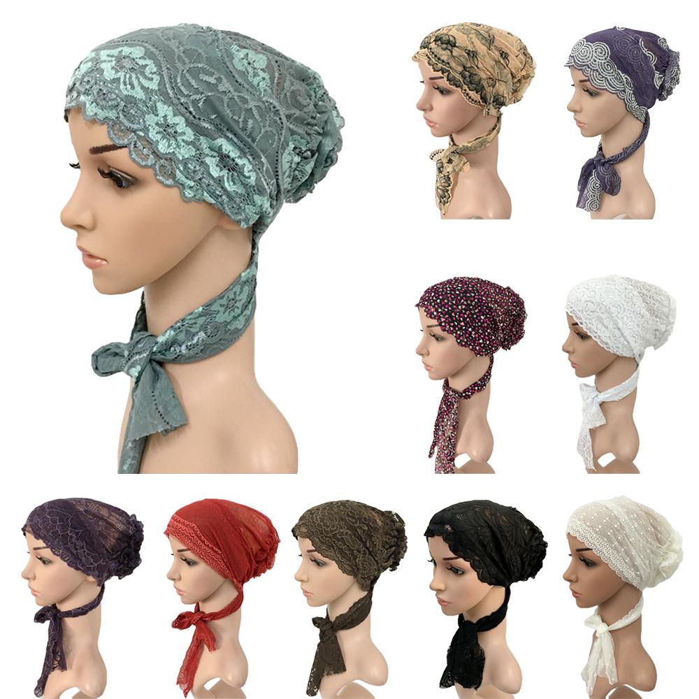 Women Muslim Lace Cap Inner Hijab Islamic Headband Turban Hat Arab Headwear 