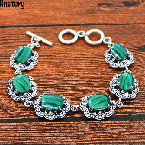 Oval Malachite Stone Crystal Vintage Look Antique Silver Plated  Fashion Jewelry For Woman TB349 ► Photo 1/4