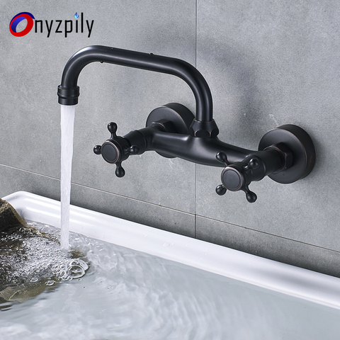 Bathroom Wall Mounted Basin Faucet 360 Degree Roation Black Double Handle Faucets Hot and Cold Water Mixer Faucet ► Photo 1/6