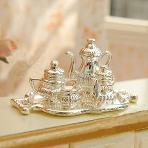 1/12 Dollhouse Miniature Silver Metal Tea Wine Coffee Set Tableware 5 Pieces Decor ► Photo 1/6