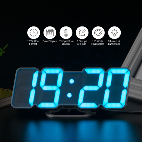 3D Wireless Remote Digital Alarm Clock USB Powered Temperature/Date Display RGB LED 3-Level Brightness Sound Control Wall Clock ► Photo 1/1