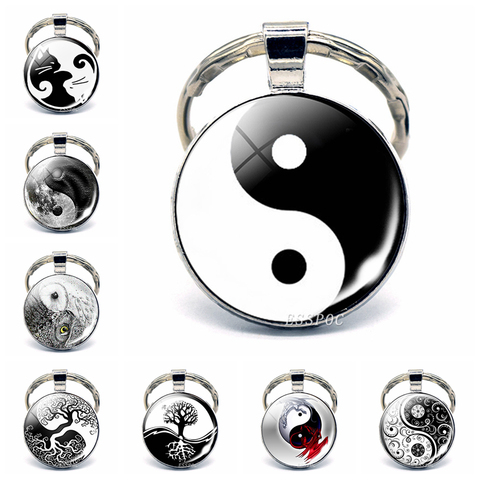 Yin Yang Taichi Symbols Key Chain Glass Cabochon Jewelry Yin Yang Life Tree Pendant  Keychain for Men Women Gift ► Photo 1/6