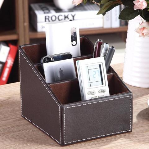 Phone Holder Office Storage Box, Leather Remote Control Holder