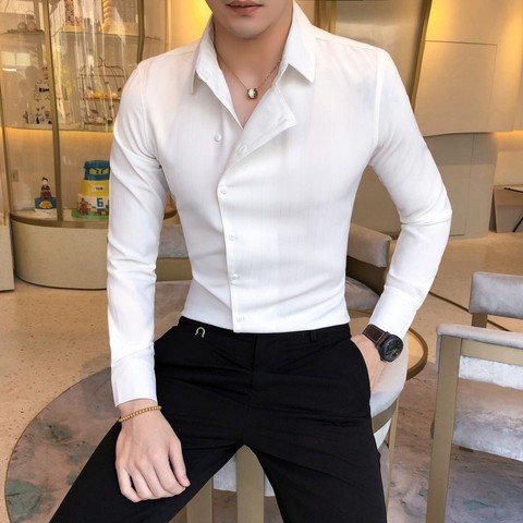 High Quality Solid Color Shirt Dress Brand New Slim Fit Men Shirt Solid  Long Sleeve Shirts Men Camisa Masculina Tuxedo Clothes ► Photo 1/5