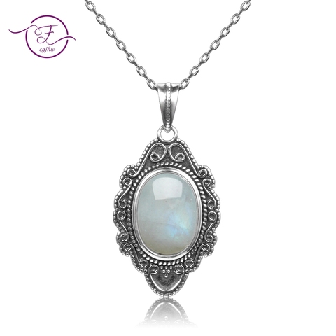 Top Quality Pure Sterling Silver Vintage Oval Rainbow Moonstone Pendants Necklaces Women's Handmade Fine Jewelry Gifts Wholesale ► Photo 1/6