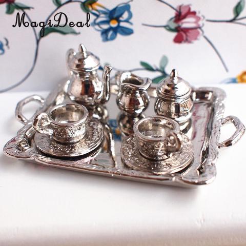 10Pcs Silver Alloy Tea Lid Pot Cups Tray Set for 1:12 Dollhouse Miniature Doll Home House Model Furniture Decor Accs ► Photo 1/6