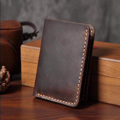 Trifold Genuine Leather Wallet Men Handmade Crazy Horse Leather Purse Men's  Short Vintage Wallet with Coin Pocket