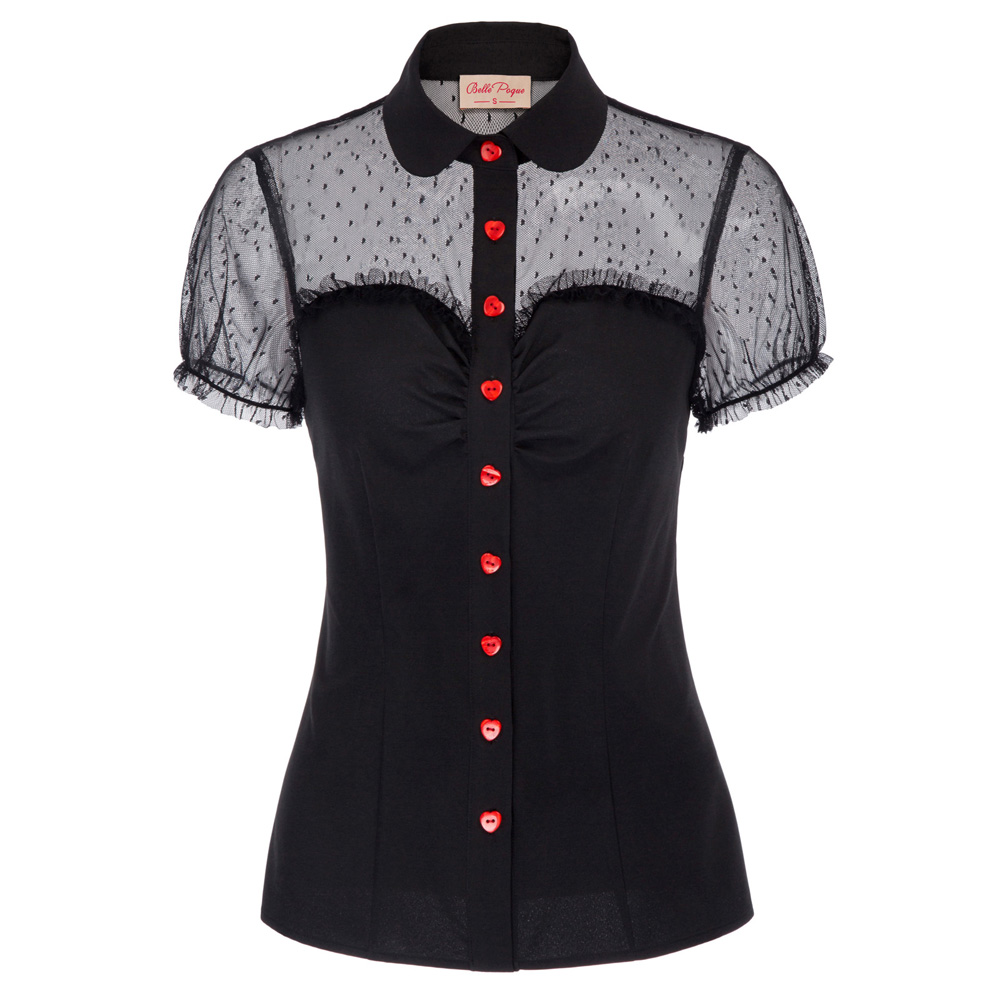 vintage Women shirt Short Sleeve Lapel Collar Red Buttons Mesh Fabric Patchwork blouse party elegant ladies Tops camisas mujer ► Photo 1/6