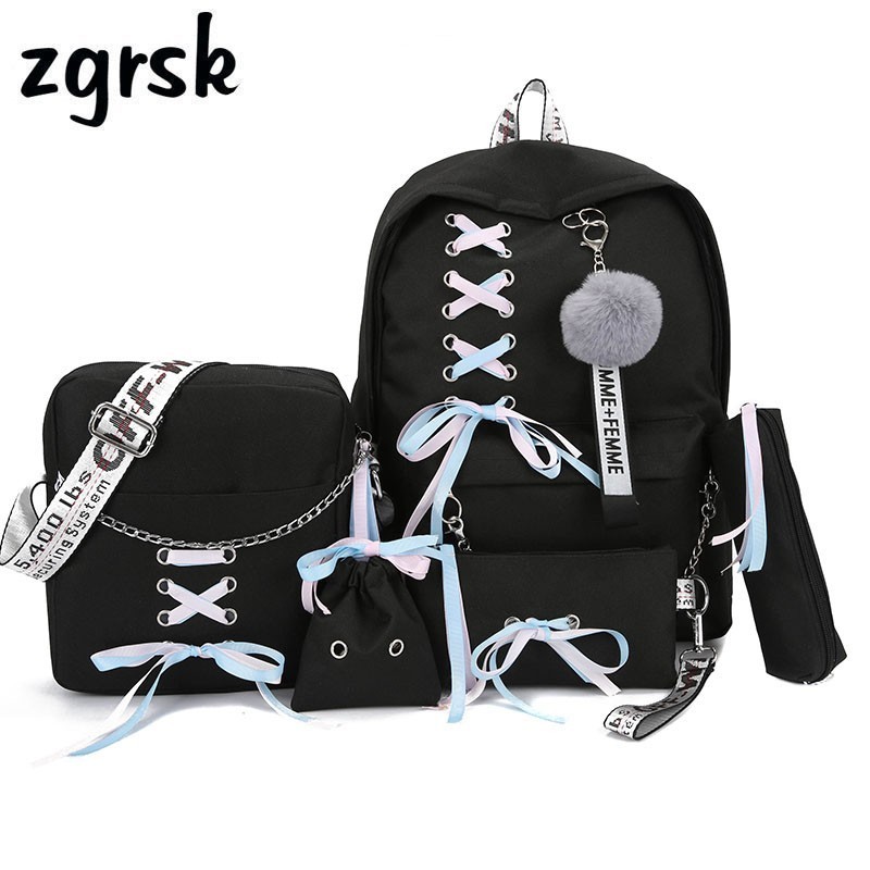 4pcs/Set Backpack Women Canvas Travel Bookbags School Bags Laptop Teenage girls 
