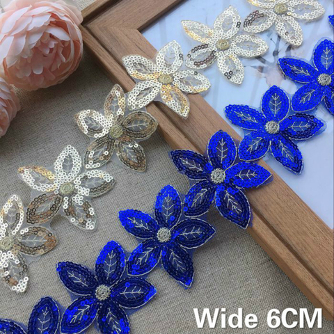 Hot 6CM Wide Glitter Organza Lace Fabric Sequins Beaded Flowers Embroidered Ribbon Collar Trim Applique For Wedding Dress Sewing ► Photo 1/4
