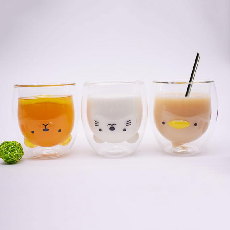 250ML Creative Cartoon Bear Coffee Mug Cute Animal Double Glass Coffee Cup  Transparent