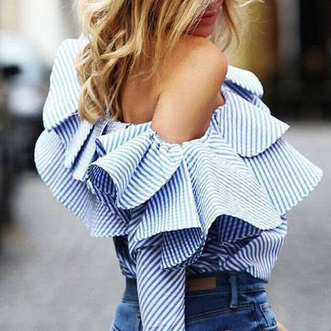 Women's Blouse Striped Plaid One Shoulder Ruffle OL Long Sleeve Summer Shirts Loose Casual Tops ► Photo 1/6