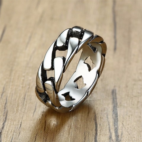 7MM Men Stainless Steel Ring for Men's Bands Hollow Hard Curb Link Chain Biker Ring ► Photo 1/6