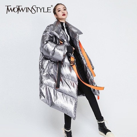 TWOTWINSTYLE Winter Women's Down Jacket Long Sleeve Patchwork Ribbons Irregular Cotton Coats Female 2022 Autumn Plus Thick Warm ► Photo 1/6