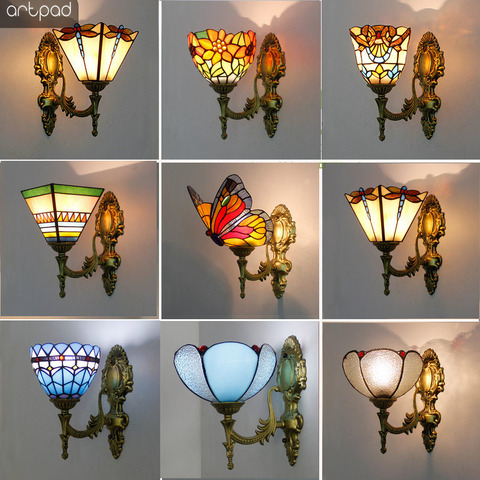 Artpad Stained Glass Lampshade Batterfly Pyramid Art Wall Lamp Led Bedside Study Asile Wall Mounted Lamp Up Or Down Lighting ► Photo 1/6