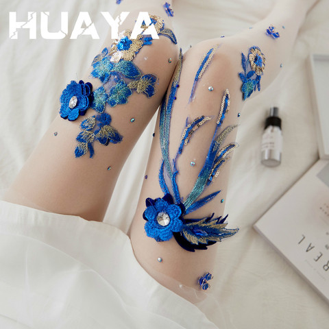 Sexy Women Lady Opaque Pantyhose Silk Stockings Thin Party Dress Embroidery Flowers Style Bluelover Pattern Tights Transparent ► Photo 1/6