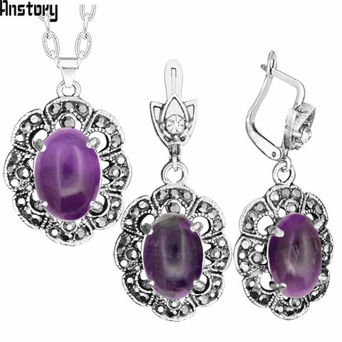 Natural Amethysts Necklace Earrings Jewelry Set Rhinestone Retro Craft Plumflower Antique Silver Plated Jewelry For Women TS427 ► Photo 1/5