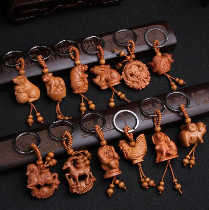 Asian Collection China handcarved wood Carving Tiger Pendant Key Chain statue 
