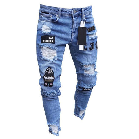 Mens Stretchy Ripped Skinny Biker Jeans Destroyed Taped Pants 